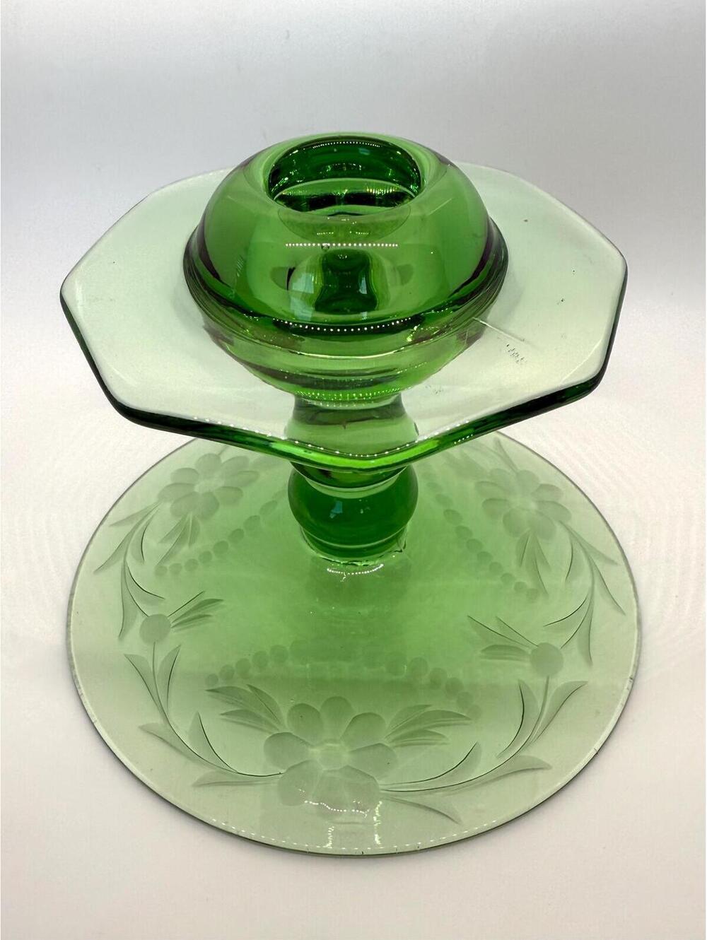 Vintage Green Glass Candle Holder Floral Etched Pedestal Taper Candle Holder